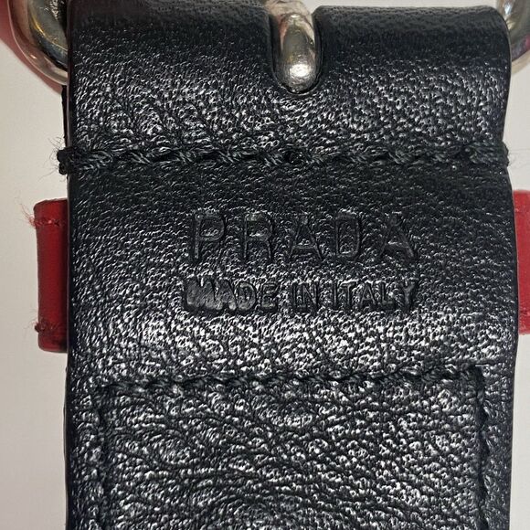 Prada Black Tessuto Woven Belt Leather Trim Red Loop Silver Buckle Made In Italy - Picture 7 of 16